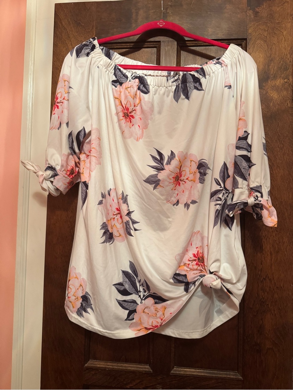 Women's Off-Shoulder Floral Tie-Hem Blouse - Pink Floral